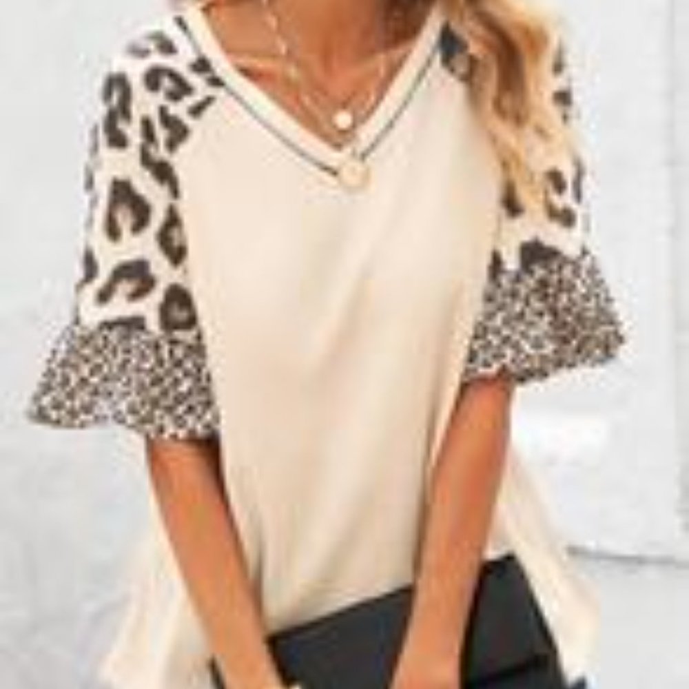 Leopard Ruffle Sleeve Waffle Knit Top